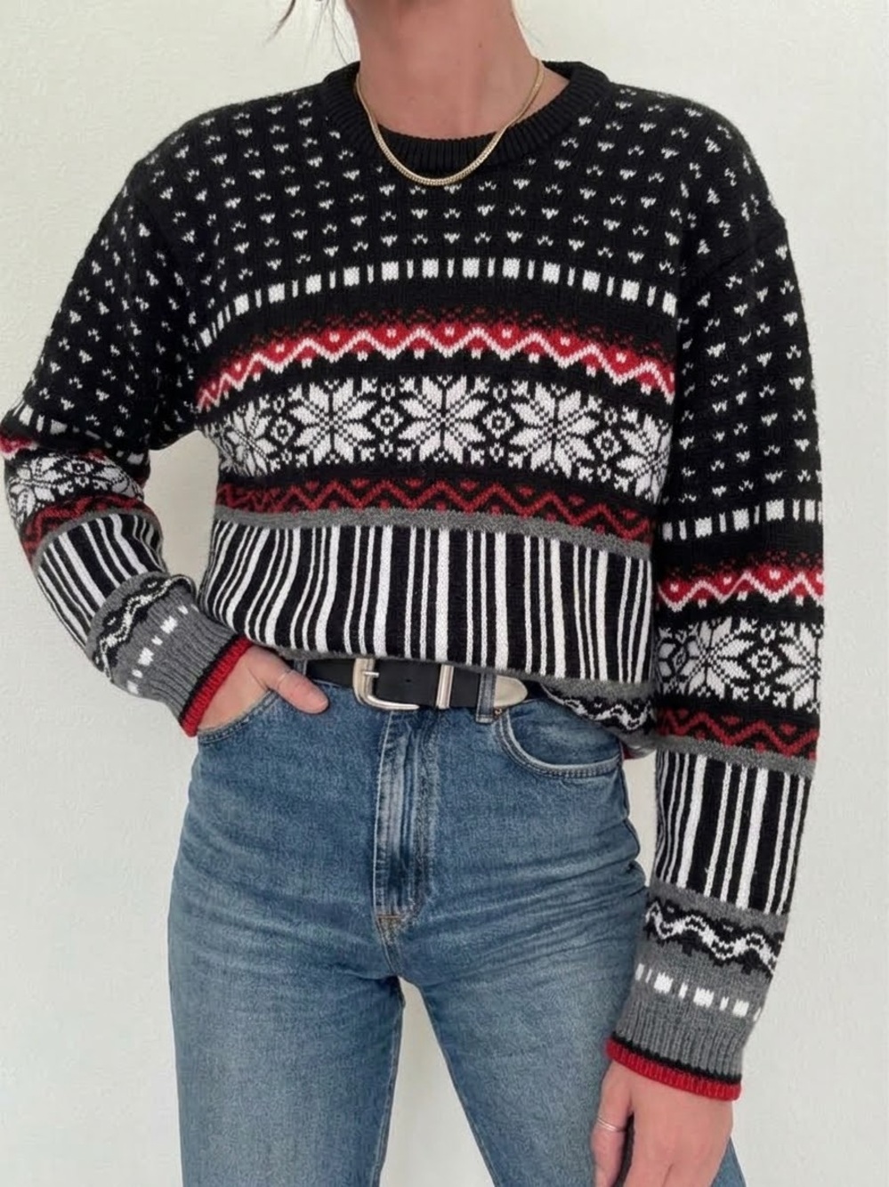VTG Columbia Knit Sweater Fair Isle Crewneck 80s Cropped Fit